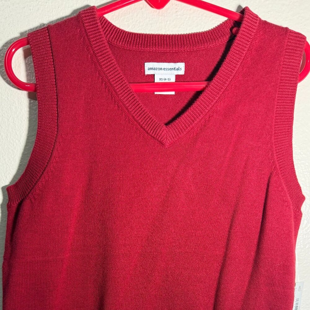 Amazon Essentials Boys Red Sweater Vest XS (4-5) V-neck Pullover Sleeveless